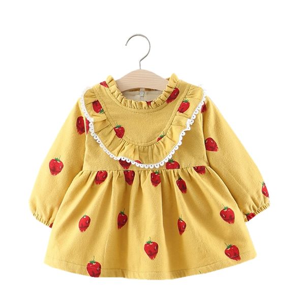 

winter infant thick lace v-neck princess dress newborn strawberry print long sleeve cotton warm 1st birthday dress for baby girl, Red;yellow