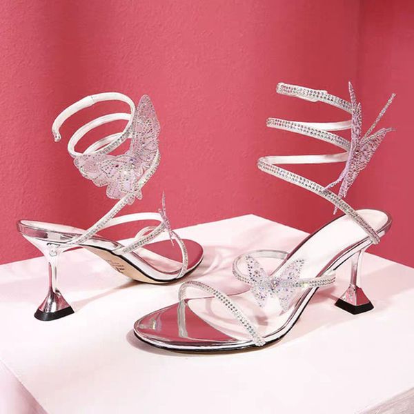 

thin high heels crystal ankle strap gladiator sandals woman party shoes dropshipping summer women silver butterfly sandals, Black