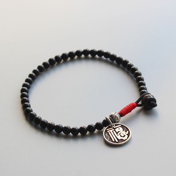 

2019 natural coconut shell bead simple bracelet with silver chinese lucky sign charm tibetan lama handmade bangle prayer jewerly, Golden;silver