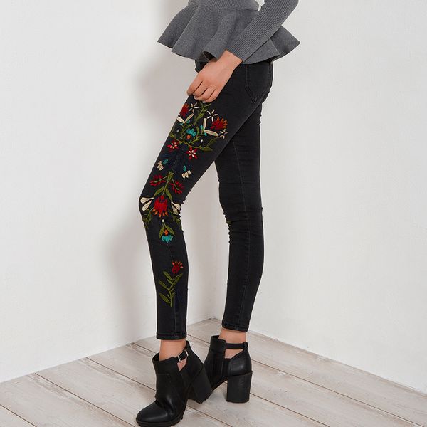 

pattern embroidery women jeans mid waist skinny denim pants fashion summer trousers femme, Blue
