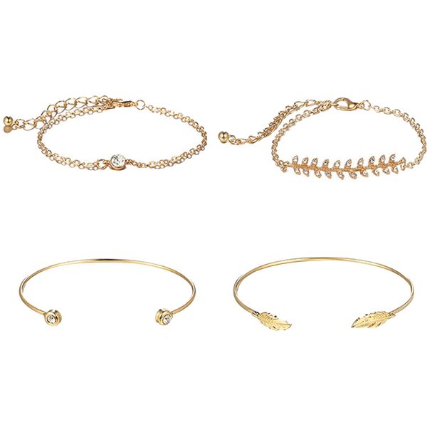 

4pcs/set women's leaf branch bangle open cuff bracelet crystal jewelry set, Golden;silver