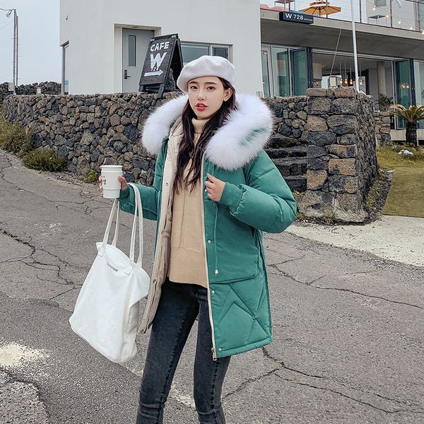 

women jacket winter ladies hooded warm cotton coat female hooded solid color coat loose fashion fur collar zipper jacket lr102, Black