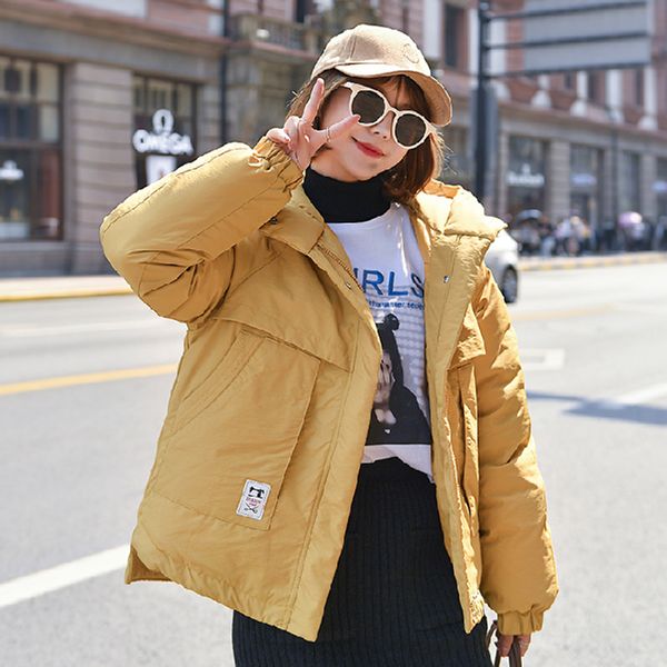 

2019 winter yellow big pocket down parkas women's waterproof coat hooded jacket short loose winter warm thick parka women jacket, Black