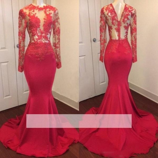 Red ver através Dresses Prom Sheer mangas compridas Mermaid Evening vestidos 2019 Cocktail Primavera Verão vestido de festa baratos Formal Wear