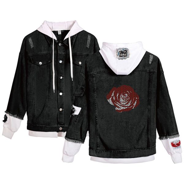

juice wrld mens designer jackets denim jackets rap printed loose long sleeved hooded button fashion mens jackets, Black;brown