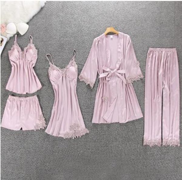 

женщины пижама 5 шт атласные пижамы pijama шелк главная одежда для дома одежда вышивание сна lounge пижама с chest мышек