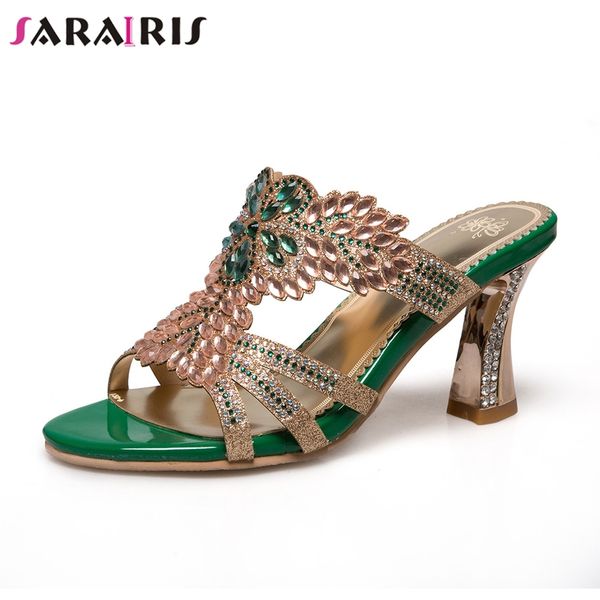 

sarairis 2019 summer brand plus size 32-46 women crystal mules ladies slip-on high heels pumps female metalic shoes woman, Black