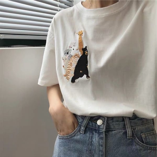 

19 summer/giant heavy industry embroidery white short-sleeved t-shirt women's loose versatile round collar shirt slim casual top