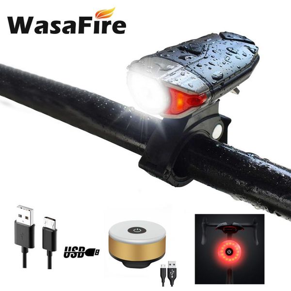 

wasafire led bicycle headlight front light 3 mode cycling handlebar lamp + safety warning usb rechargeable bike rear back lights