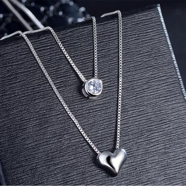

925 sterling silver necklace double layer chain zircon heart pendants necklaces for women kolye choker