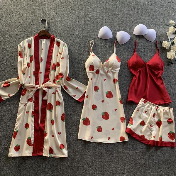 

women faux silk 4 pieces pajamas set summer lace satin silk pajamas summer sleepwear nightdress homewear with chest pads, Black;red