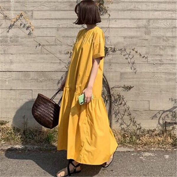 

casual dresses 2021 summer womens pink yellow chic kores short o neck fold patchwork ruffles shirt girl female dress long t e087, Black;gray