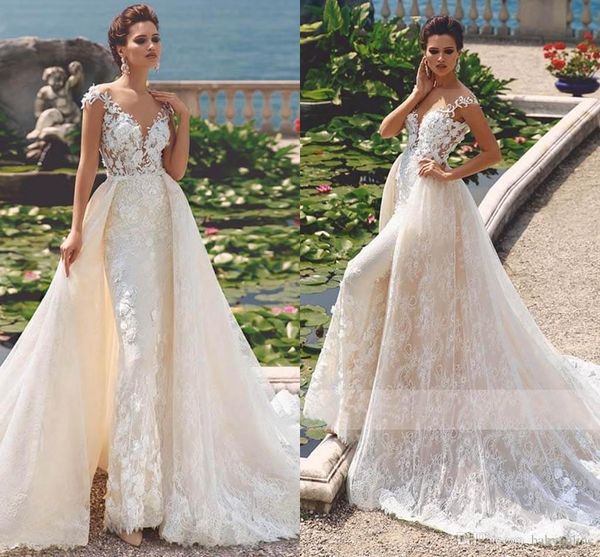 

modern lace mermaid wedding dresses with detachable train sheer neck cap sleeve scoop neck appliqued boho wedding dress bridal gowns, White