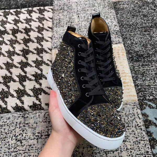 

2020 quality brand men high luxury red bottom sneakers strass studs fashion outdoor trainers party wedding dress perfect gift, Black