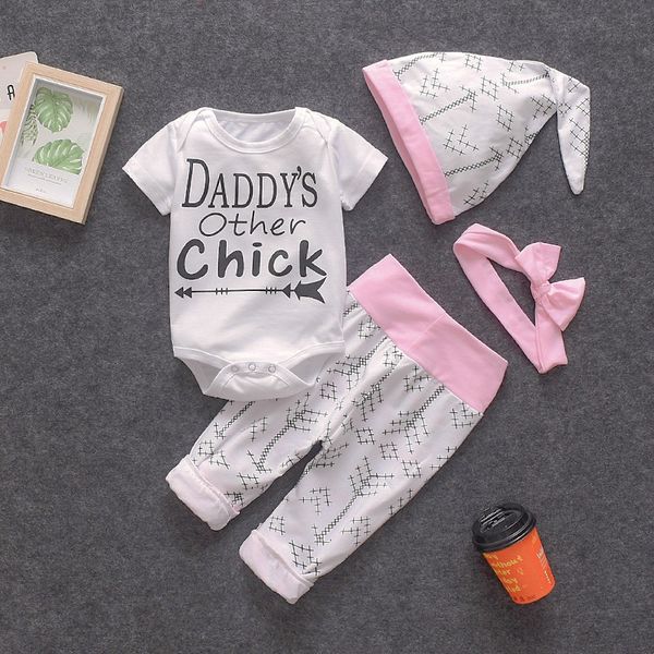 

2020 new baby girl clothes baby girl romper 4pcs sets short t-shirt romper+pant+hat+headhand cute summer cotton set, White