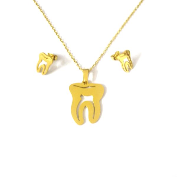 

fairladyhood gold tooth pendant necklace and tooth earrings stainless steel choker necklace jewelry set for dentist gift, Silver