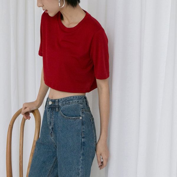 

2020chic simple round collar basic short sleeve solid color short navel female t-shirt t-shirt t082, White