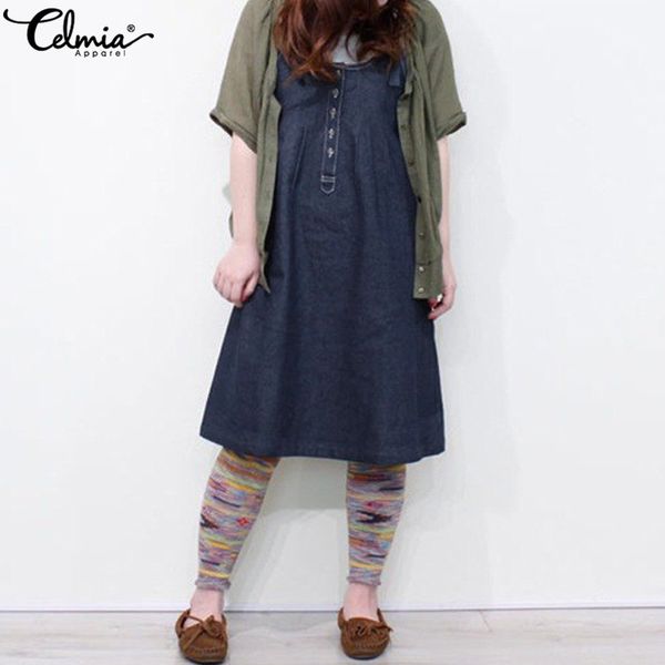

celmia women strap sleeveless denim dress summer casual suspender dresses loose button backless overalls vestidos 2019 plus size, Black;gray