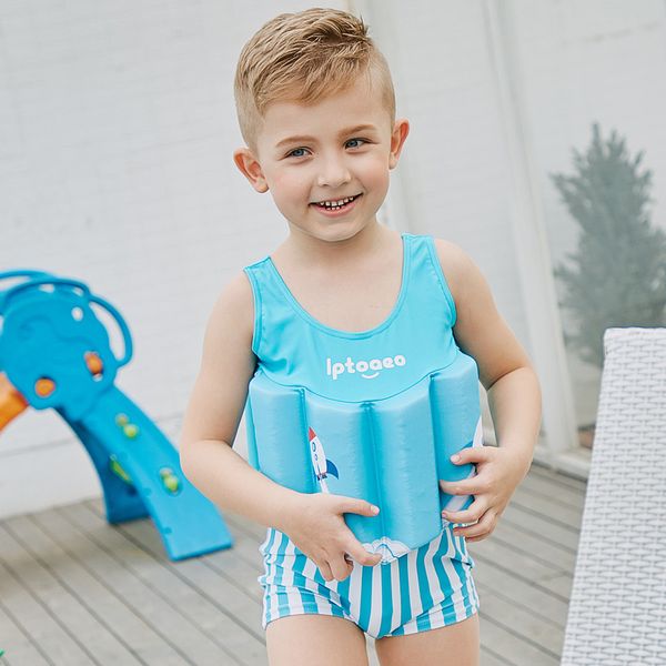 

sabolay 2018 boys float swimming suits striped one-piece buoyancy swimwear children detachable swimsuits kids training swimming