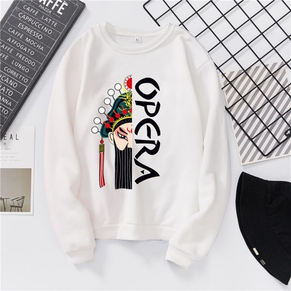 

casual large size long-sleeved peking opera mask pattern round neck pullover clothes couples sweatshirt, Black