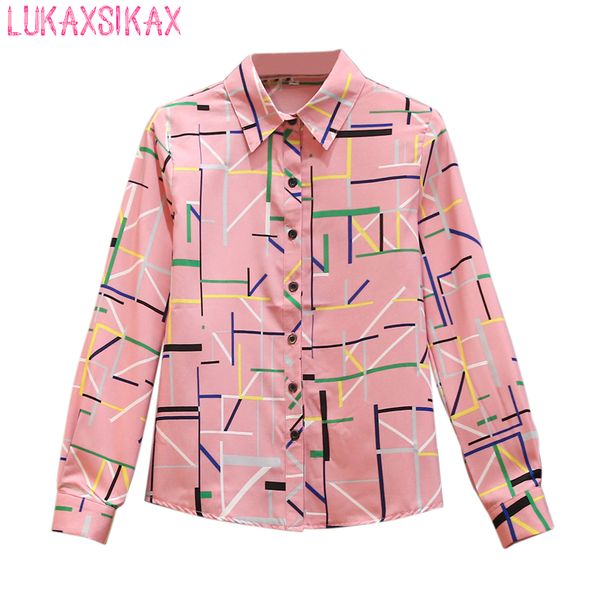 

lukaxsikax 2020 new spring autumn women long sleeve shirt fashion colorful stripe print pink shirt plus size loose women blouse, White