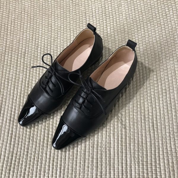 

mljuese 2020 women pumps autumn spring sheepskin pointed toe lace up black color low heels lady shoes party dress size 42