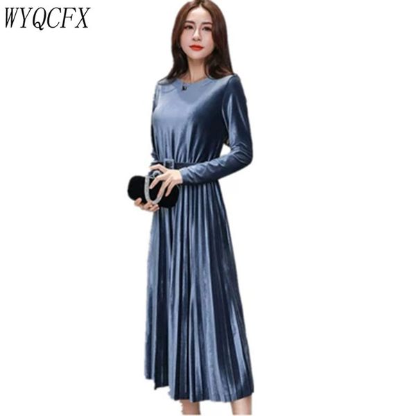 

wyqcfx womens autumn winter temperament elegant gold velvet pleated dress ladies vintage korean long sleeve with belt vestido, Black;gray