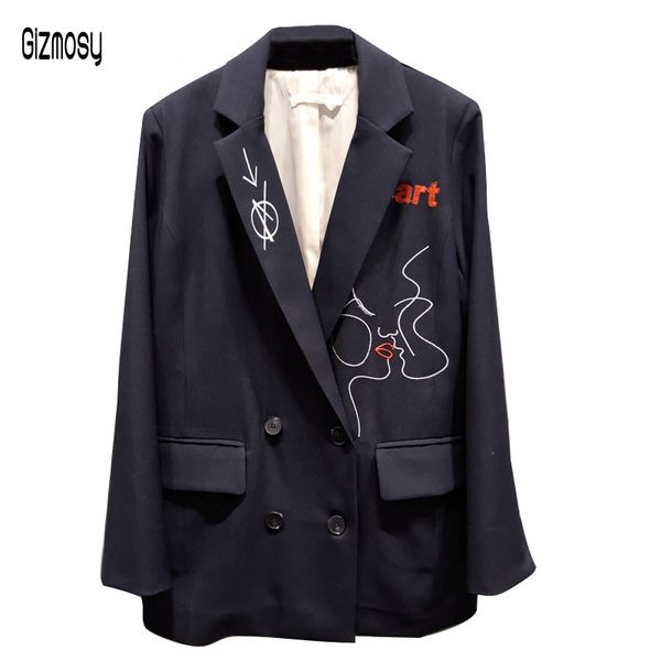 

spring autumn new women blazer embroidered suit jacket female fashion casual joker long sleeve double breasted blazers ca6690, White;black