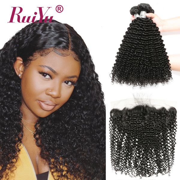 

kinky завитые связки с фронтальным необработанные remy человеческих волос bundle с закрытием бразильских волос плетение deep wave 3 пачки с, Black;brown