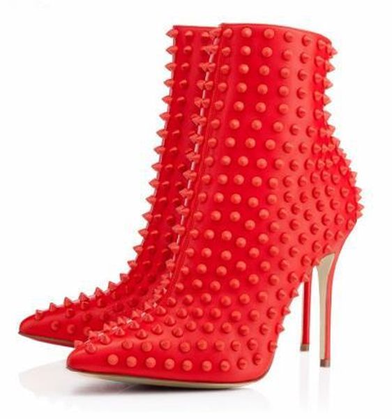 

2019 red/black/white spiked ankle booties pointed toe zip side high heels women shoes rivets studded women boots soft leather shoes