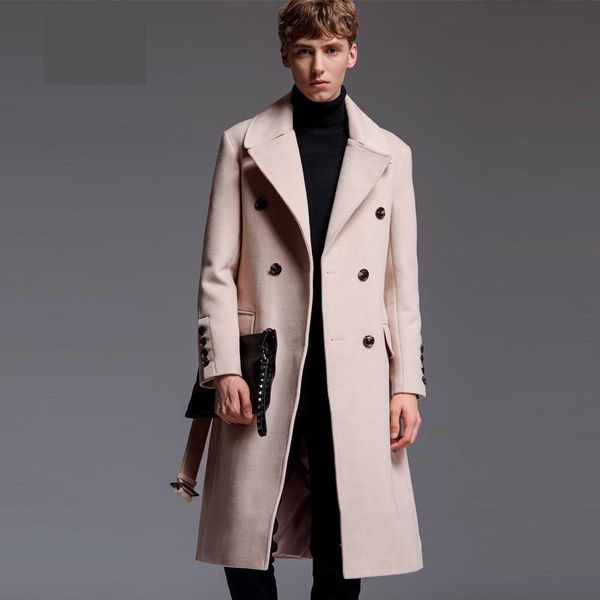 

minglu long style wool mens coat autumn winter luxury cashmere solid color mens jackets and coats plus size 5xl 6xl man trench, Black