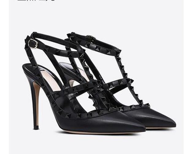 

2022 women high heels sandals wedding shoes patent leather rivets sandals women studded strappy dress shoes v high heel shoes +box, Black