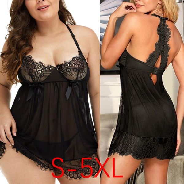 

s-5xl plus size dress women black lace sleepwear super home dresses for women and panties two piece lingerie robe set, Red;black