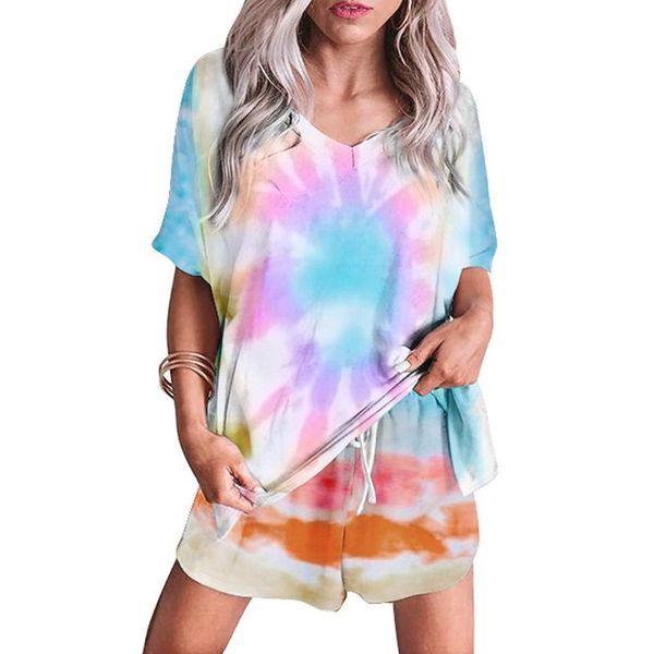 

pijama feminino 2020 summer new home sleepwear suits tie-dye short sleeve pajama set nightwear 2 piece sets loungewear underwear, Black;red