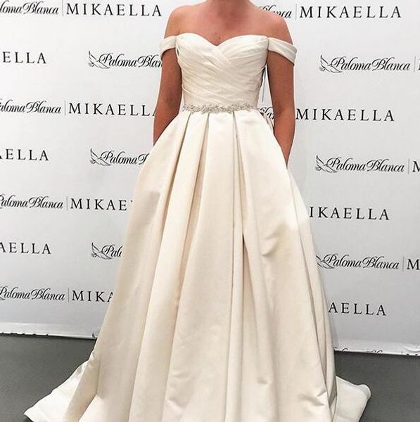 

elegant women a-line satin wedding dresses with pockets floor length custom pleated bridal gowns sleeveless brautkleid formal dresses, White