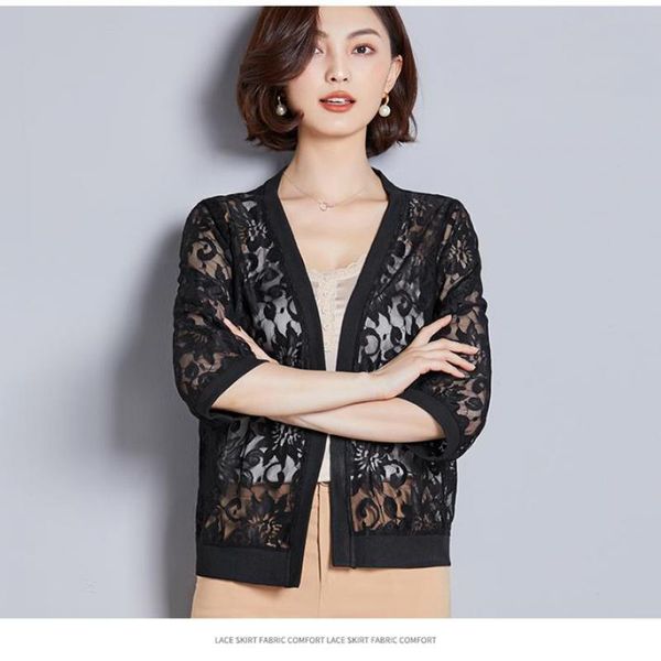 

sunscreen clothing new women shawl cardigan spring summer casual streetwear three quarter hollowing out lace jackets feamle, Black;brown