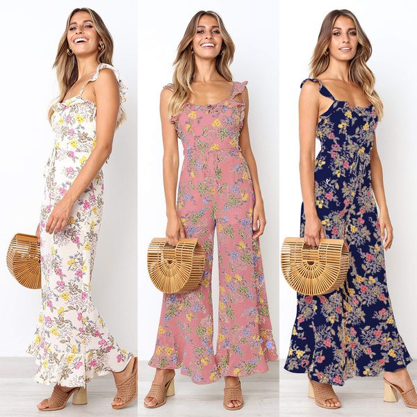 

ladies backless sleeveless jumpsuits women bodycon jumpsuit fashion print loose ruffled strap wide leg pants high waist, Black;white
