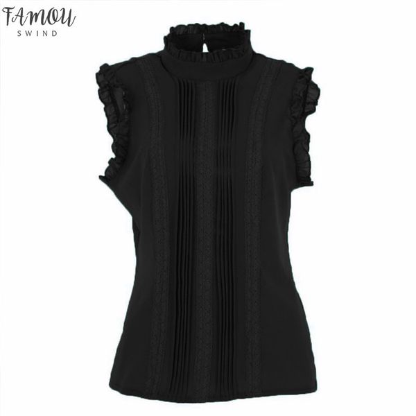 

women ruffle stand collar slim t shirt lady stand collar casual lace sleeveless shirt ladies tee green white chiffon