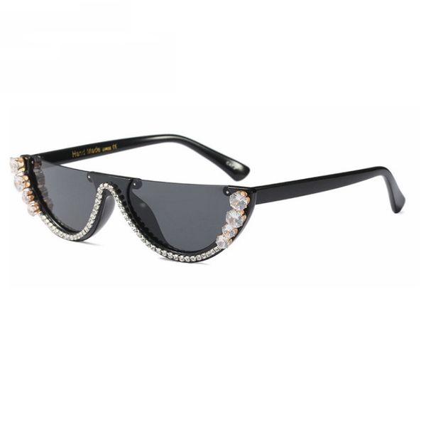 Strass Sonnenbrille Halbrahmen Cat Eye Diamant Sonnenbrille Damen Club Party Schwarze Brille