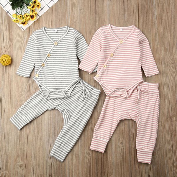 

autumn clothes 2pcs newborn baby girl boy clothes knitted striped romper v neck button jumpsuit trouser outfit baby set 0-18m, White