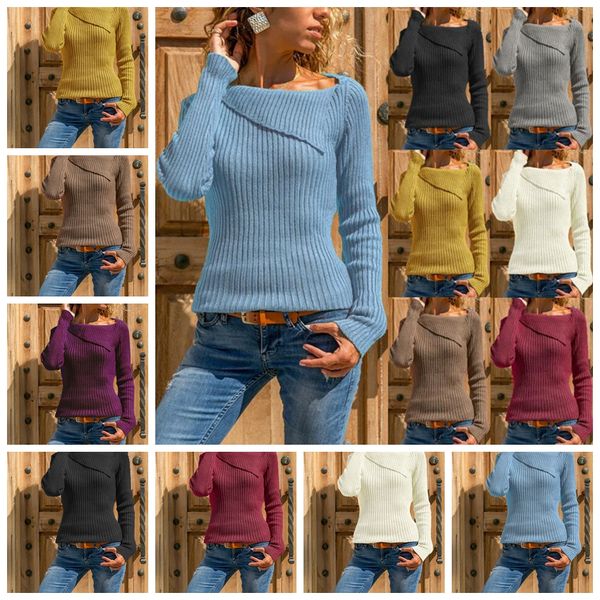 

european spring and summer solid color pullover collar long sleeve casual sweater, white, yellow, purple, gray, black, support mixed batch