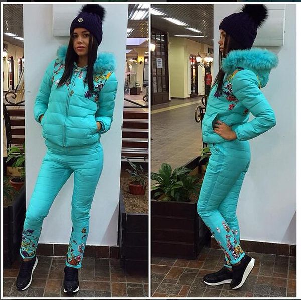 

printed casual warm women's down jacket cotton-padded clothes set 88033, Blue;black