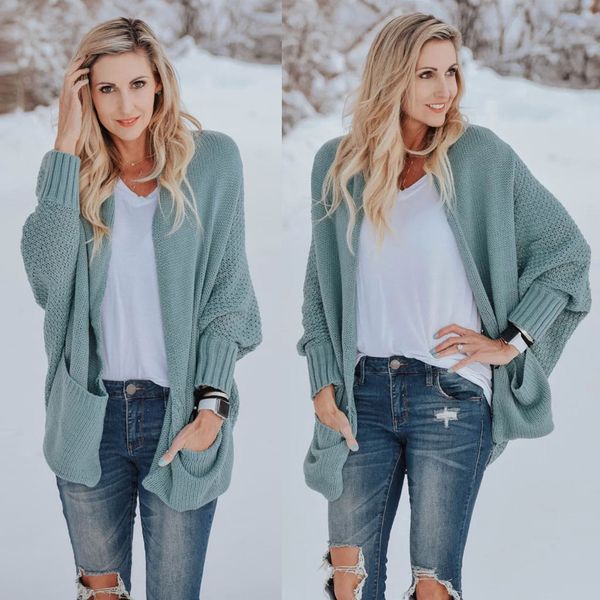 

womens long sleeve fashion women warm bat sleeve large size long knit cardigan sweater open stitch autumn sweater, White