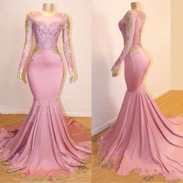 

2019 blush pink long sleeves evening dresses sheer jewel neck illusion mermaid gold lace appliques sweep train african prom party gowns, Black;red