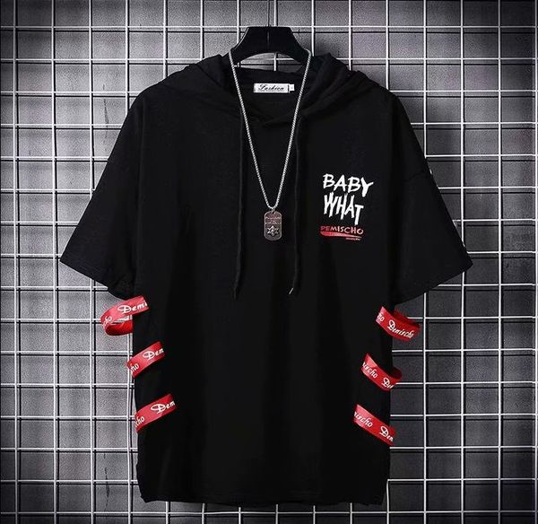 

с капюшоном с короткими рукавами футболка мужского хип-хоп потерять пять-точка рукава летних мужчины тенденции национального прилив половина, White;black