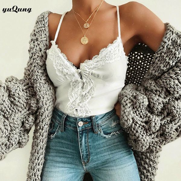 

yuqung women summer lace faux satin tank vest button crop shirts camis ladies sleeveless tee white/black2b43