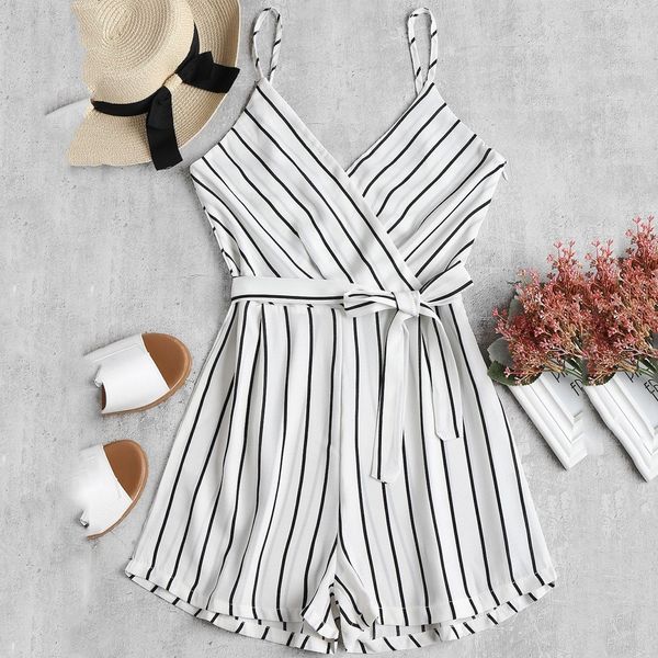

womens jumpsuit v-neck off shoulder sling sleeveless strappy holiday short playsuits striped cami belt romper bodysuit mono #2s, Black;white