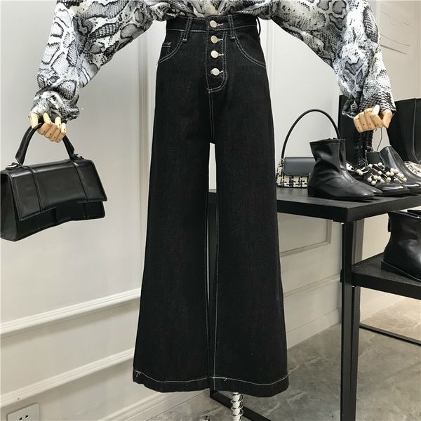 

ewq] 2020 весна осень новые тенденции моды женщин брюки высокой талией четыре кнопки сыпучие сыпучие черные джинсы широкий ноги брюки qz509, Blue