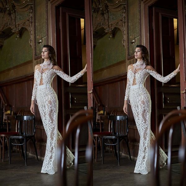 

a line maisonsignore bohemian dresses high neck long sleeve applique pearls crystal sash wedding gowns floor length robe de mariÃ©e, White