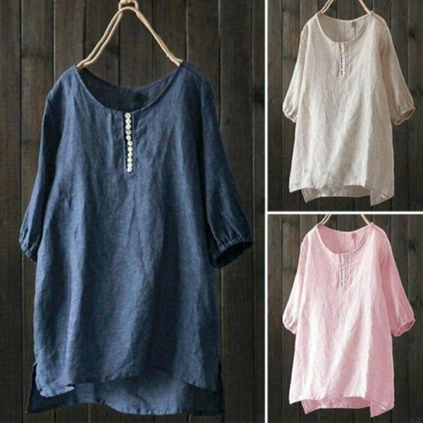 

2019 new style plus size women's casual solid button half sleeve o neck baggy loose casual long blouse, White